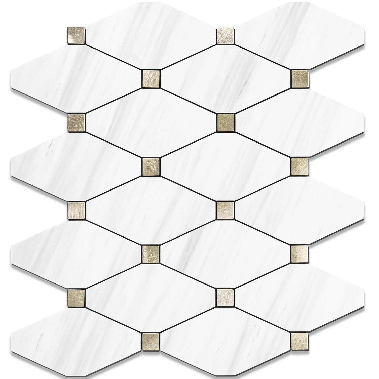 STICKGOO 1 Sheet Peel and Stick Dolomite Mosaic Tile, White Marble Look PVC Mixed Metal Gold Kitchen Backsplash for Fireplace, RV