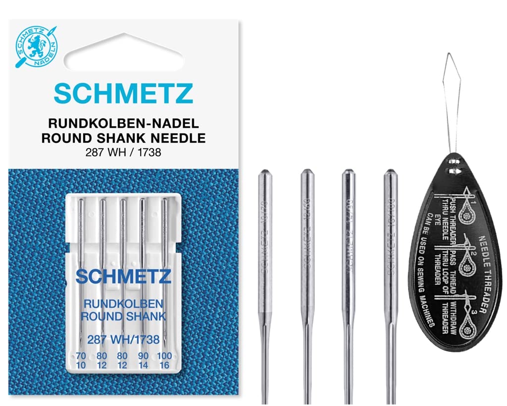 Round Shank (287 WH / 1738 / Flask / Round Piston) Sewing Machine Needles, Various Assorted Mixed Sizes 70/10, 80/12, 90/14 & 100/16, Includes Large Needle Threader
