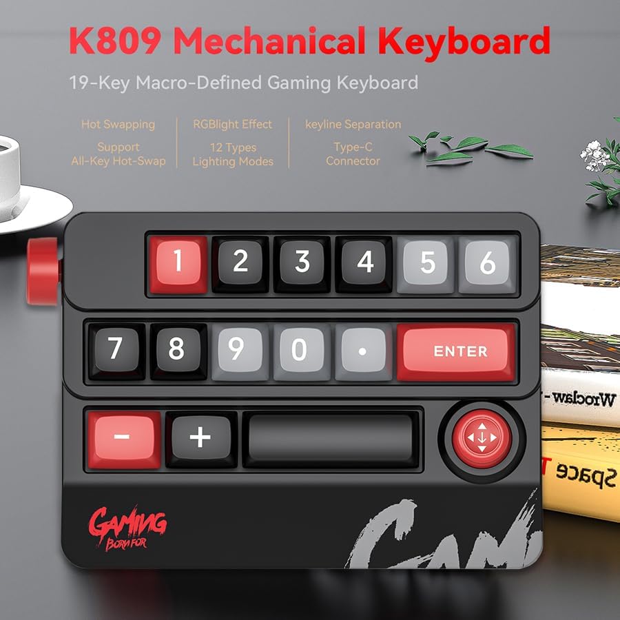 JOMAA K809 Mechanical Keyboard highlighting features like Hot Swapping, RGB Light Effect, Keyline Separation, Type-C Connector