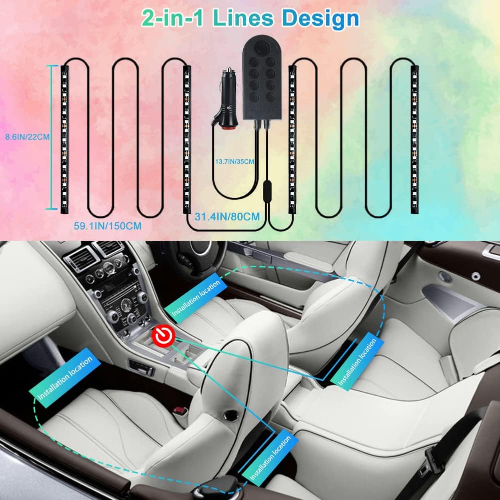 Interior Car Lights, Car LED Strip Lights 4pcs with 60 LEDs, 9 Colors Changing, Music Sync Dance, Decorative Atmosphere Glow Neon Lighting Kit with Wired Button Control, 12V/DC Input