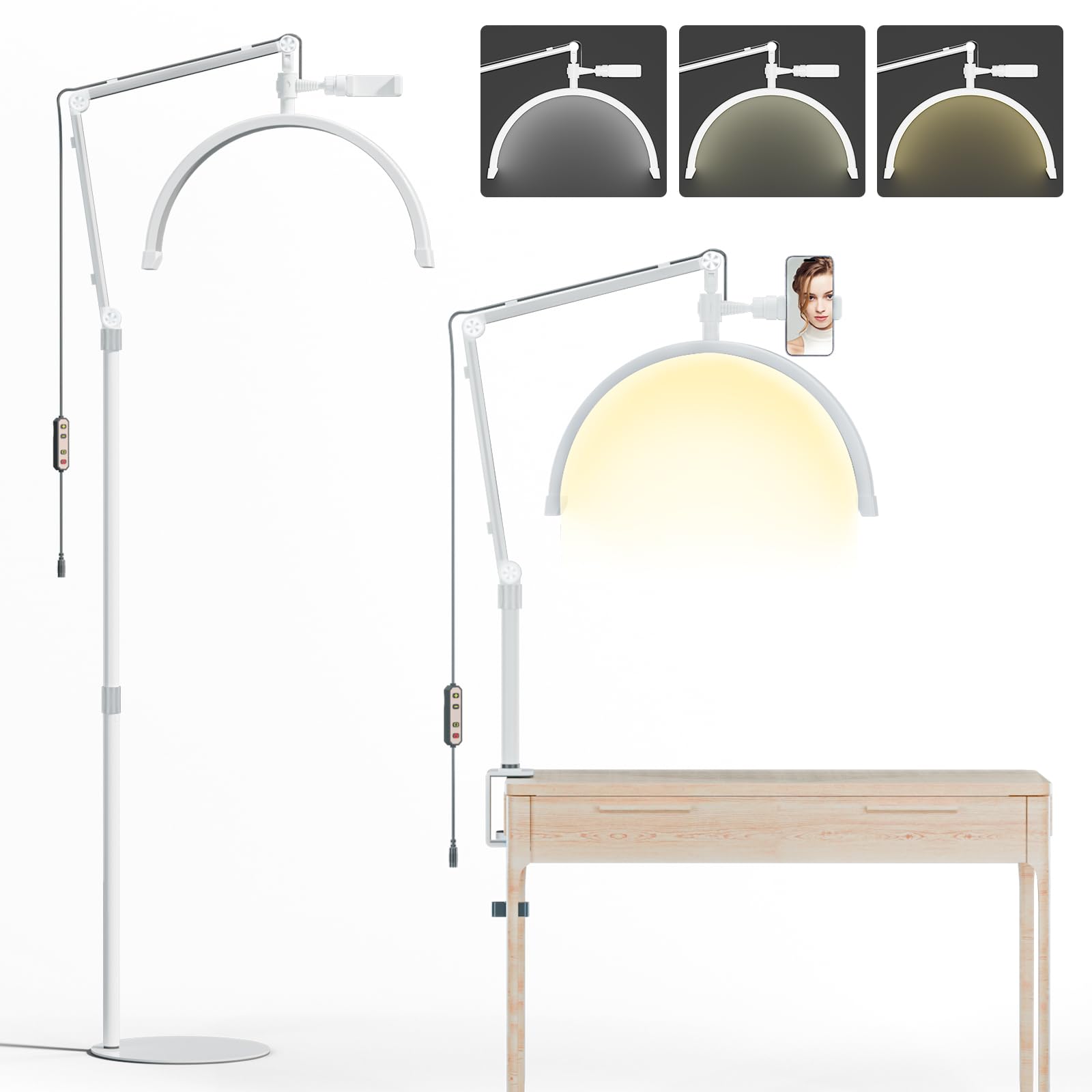 TopDirect Lash Light for Eyelash Extensions, Half Moon Light for Lashes, 2 in 1 Foldable Lash Lamp, Esthetician Light with Phone Holder & Desk Clip for Tattoo, Skincare, Nail Tech, Beauty Salon White