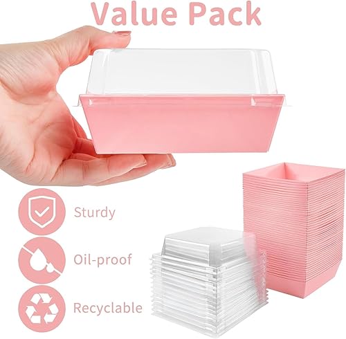 Miniatura 3 de Kucoele Paquete de 100 Cajas de Papel para Charcutería con Tapas Transparentes, Cajas de Galletas Rosas de 4 Pulgadas, Cajas de Postre, Contenedores