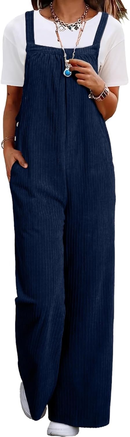 Happy Sailed Womens Corduroy Overalls Winter Fall Casual Sleeveless Adjustable Strap Wide Leg Long Pants Rompers