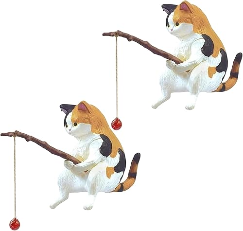 2 figuras de pesca de gato, bonita decoración de estatua de gato, mini decoraciones de resina, escultura artesanal para tanques de acuario,