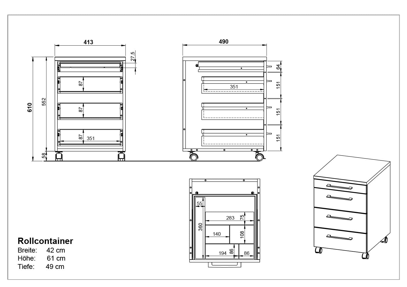 GERMANIA DIE MÖBELMACHER Rollcontainer, mit Vier Schubladen, Utensilienfach und feststellbaren Laufrollen, in der Farbe Graphit/Eiche, 42 x 61 x 49 cm (BxHxT)
