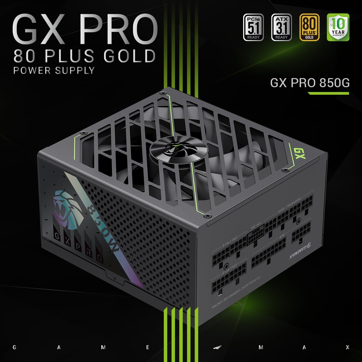 GAMEMAX GXPRO 850G Alimentatore PC 850W completamente modulare, ATX3.1 PCIe5.1 con connettore 12V-2x6, 80 Plus Gold, condensatori giapponesi 105°C, 7 circuiti di protezione, 10 anni, nero