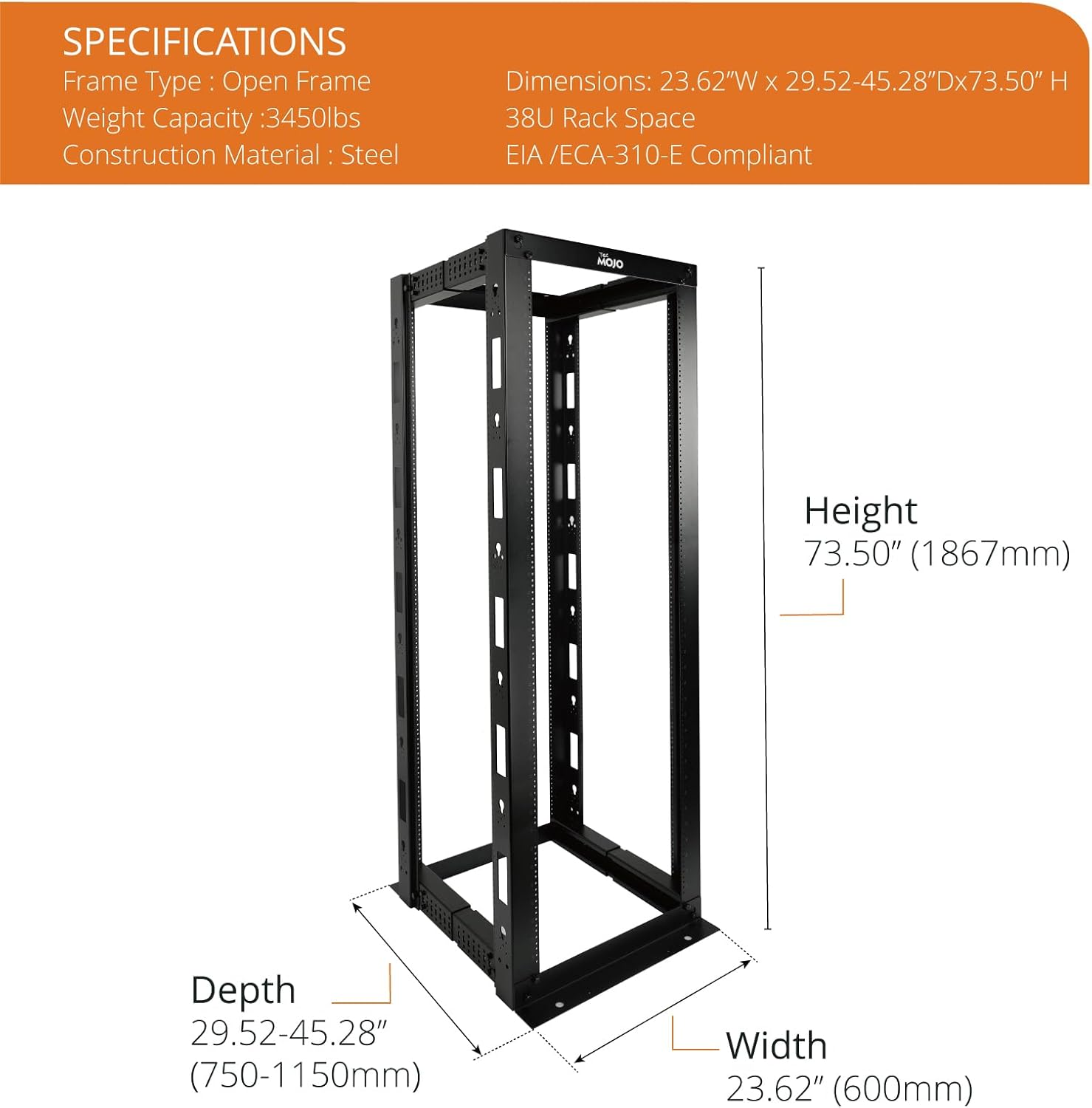 Assembled Tecmojo 38U 4-Post Open Frame Server Rack