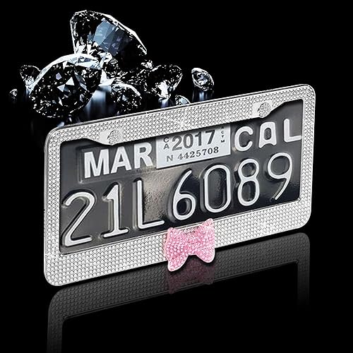 Miniatura 3 de Paquete de 2 marcos de matrícula con brillos, marcos de matrícula de acero inoxidable premium con diamantes de imitación brillantes hechos a mano,