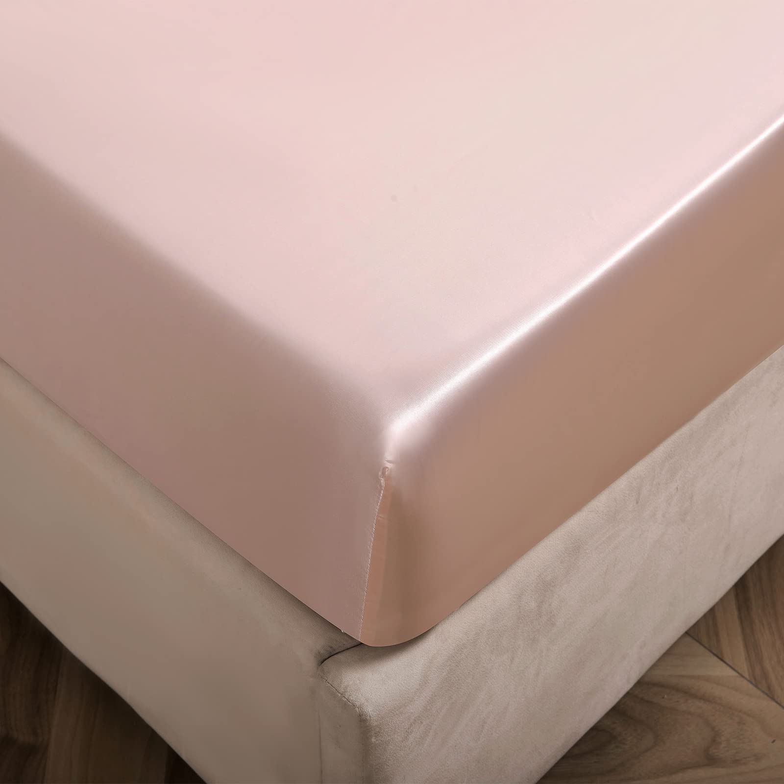 FCLDESHOP Mattress Protector,Solid Color Satin Silk Microfiber Deep Pocket Fitted Sheet,Fits 12”/30cm Deep Mattresses,Jade Color,UK-King 59"x79"+12"