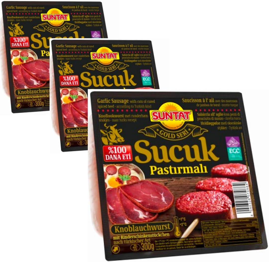 Suntat Gold 100% Beef Halal Sucuk with Pastrami Sucuk Turkish Style Sausage 300 Gram x 3 Packs