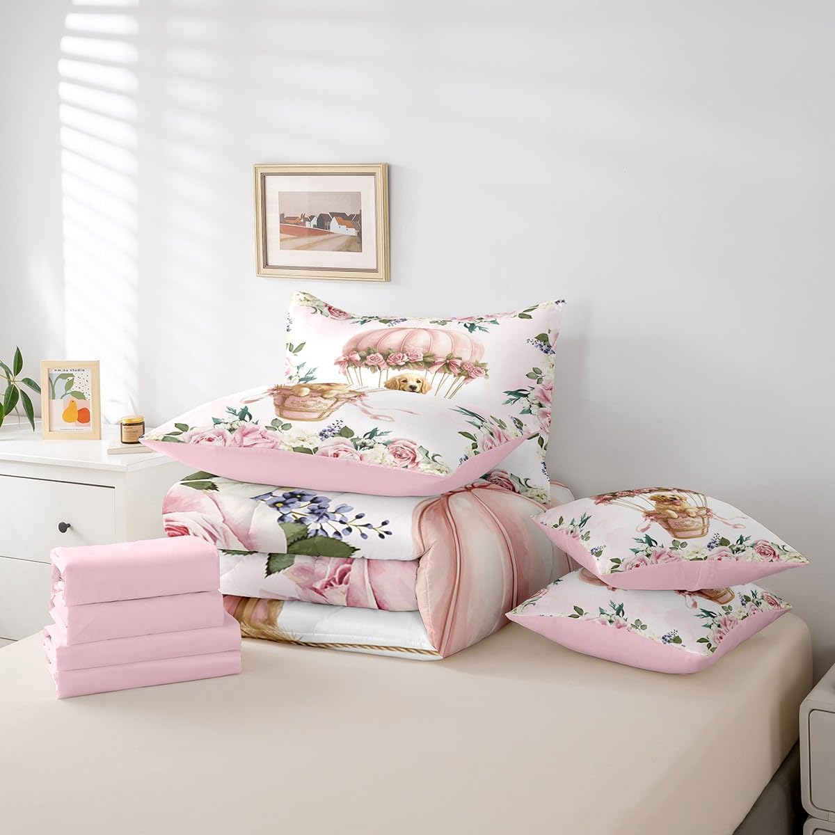 7 Pieces Golden Retriever Kids Comforter Queen,Pink Bowknot Hot Air Balloon Dreamy Bedding Set,Rose Flowers Princess Bow-tie Cartoon（Comforter+Fitted+Flat Sheet+2 Pillowcases+2 Throw Pillow Covers）