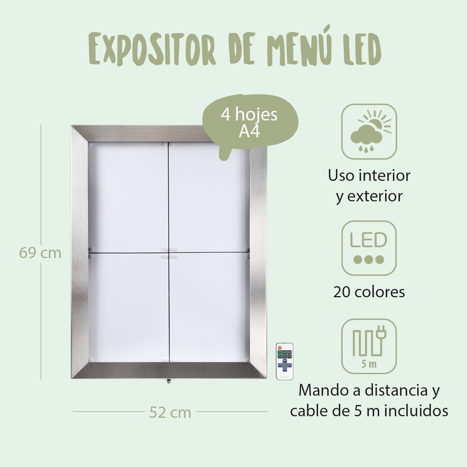 SECURIT - Porta Folletos Exterior LED - 4 Páginas A4 - Acero Inoxidable | Iluminación LED Multicolor - Montaje en Poste o Pared