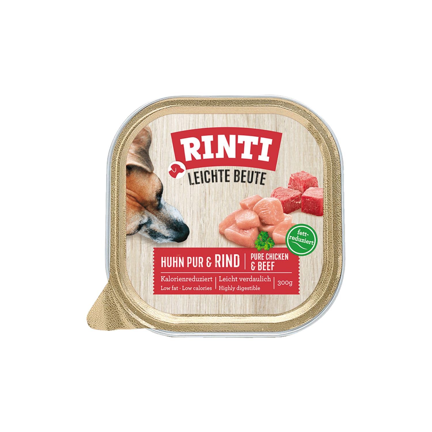 RINTI - Leichte Beute | Kalorienreduziertes Nassfutter mit fettarmem, magerem Fleisch für empfindliche, ausgewachsene Hunde. Alleinfutter in praktischen Schälchen | 9x300g Huhn Pur + Rind