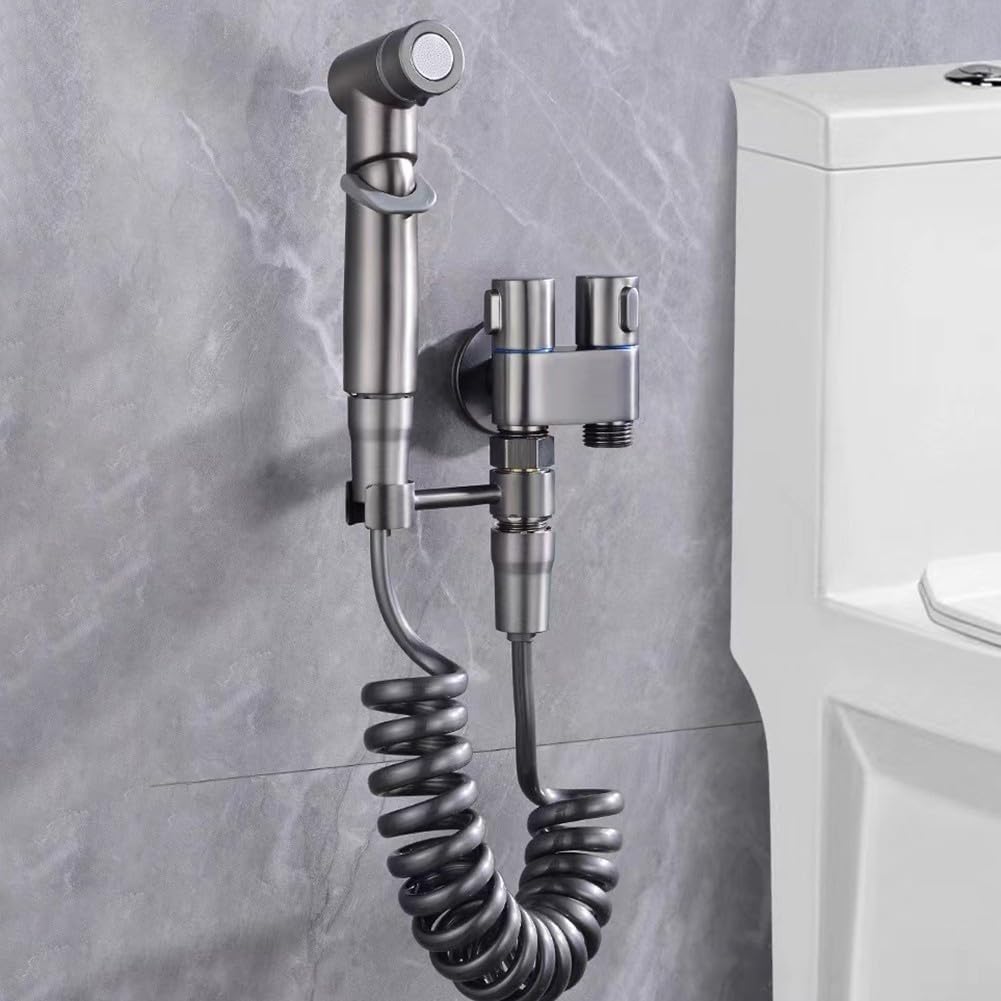 Set spray regolabile per bidet con doppia valvola, corpo in rame e testa in ABS, ideale per la pulizia del pannolino del bambino, il lavaggio degli animali domestici e l'igiene del WC, grigio