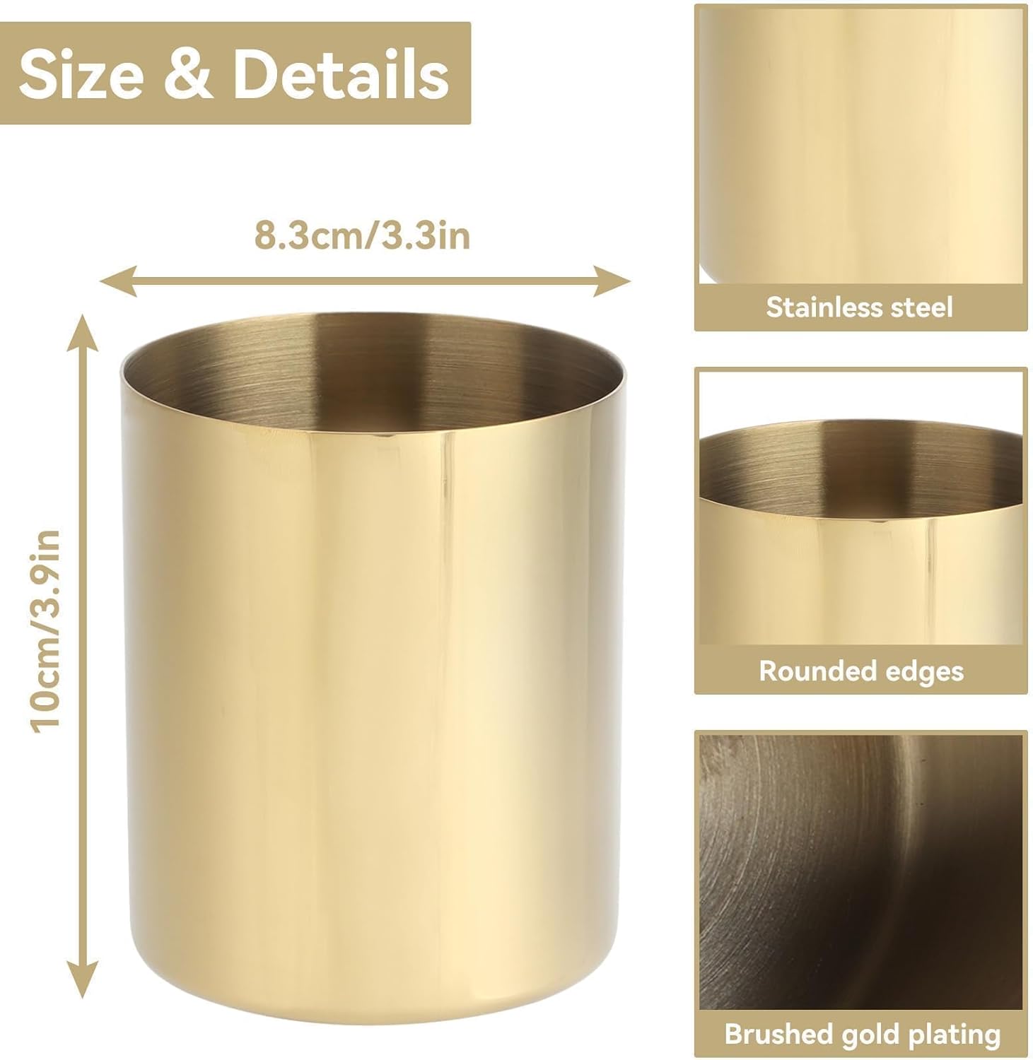 Gold Pen Holder, 2PCS Stainless Steel Pencil Cup Pen Holder Cup Pen Pot Makeup Brush Holder Gold Pencil Pen Organizer Cup for Home