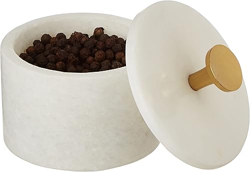Miniatura 7 de Queenza Bodega de sal con tapa y perilla de latón, cuenco de sal de mármol Makrana blanco de 3 pulgadas, plato de sal para cocina y comedor, caja