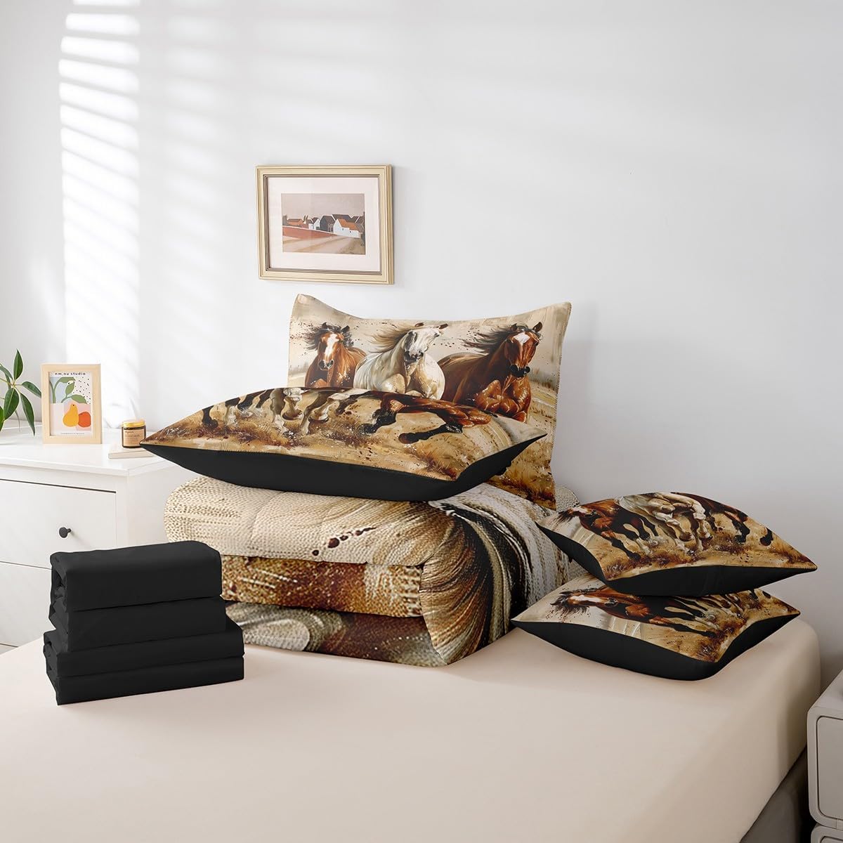 Erosebridal Horse 7 Piece Comforter Queen Size for Kids Boys Western Cowboy Horse Sheet Set Bed in A Bag 3D Printed Wildlife Wild West Country Rustic Cabin Desert Bed Set