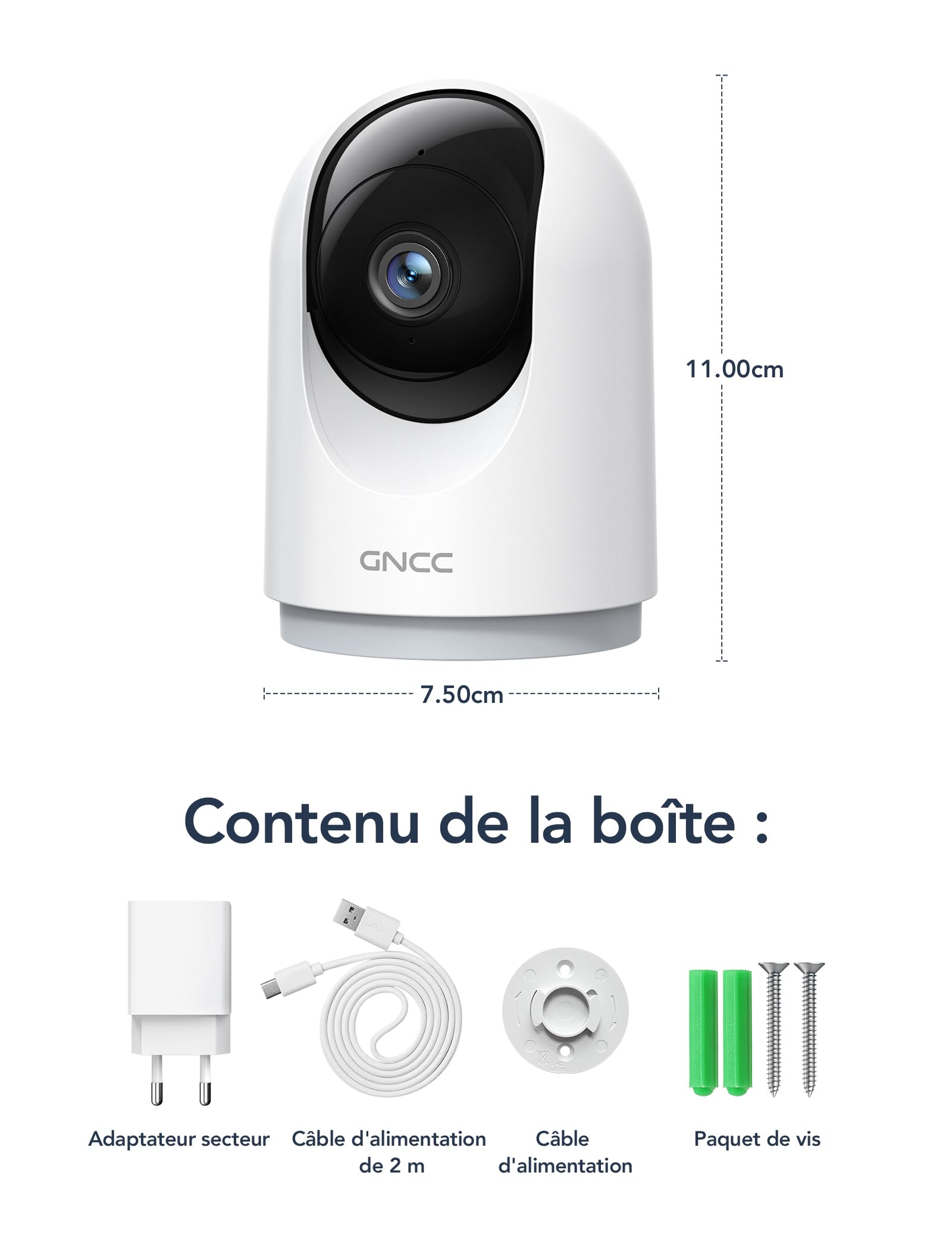 GNCC 2K 3MP Caméra Surveillance WiFi Interieur 360° Caméra Connectée Smartphone pour Bébé/Animaux Détection IA Audio bidirectionnel Alertes APP 2,4GHz Compatible Alexa