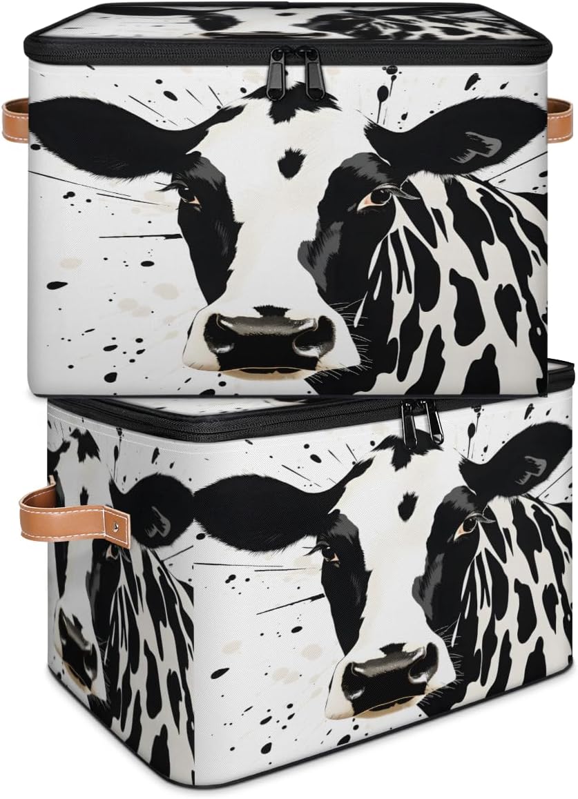 Storage Bin Set of 2 Cow Animal Storage Basket with Zipper Lid & Handle Foldable Closet Shelf 2 Pack Cloth Organizer Basket Cube Bins Clothes Organizer for Bedroom, Nursery