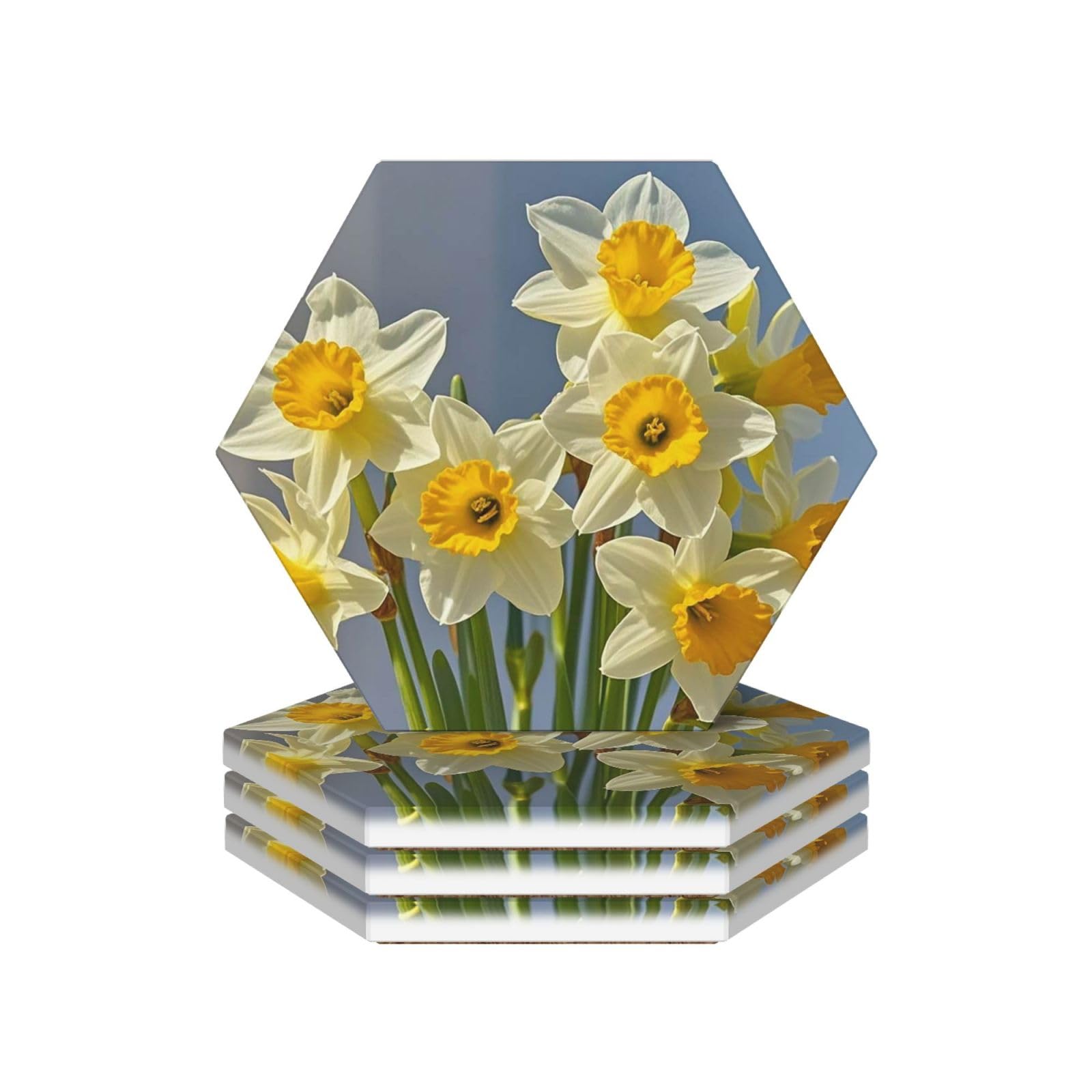 Aslkxopemg Hexagon Ceramic Coasters For Drinks Heat Resistant Ceramic Coasters Set Of 4 Bouquet Of Daffodils Coasters Desktop Protection Pad Coffee Cup Mat Tabletop Protection Mat For Home Decor