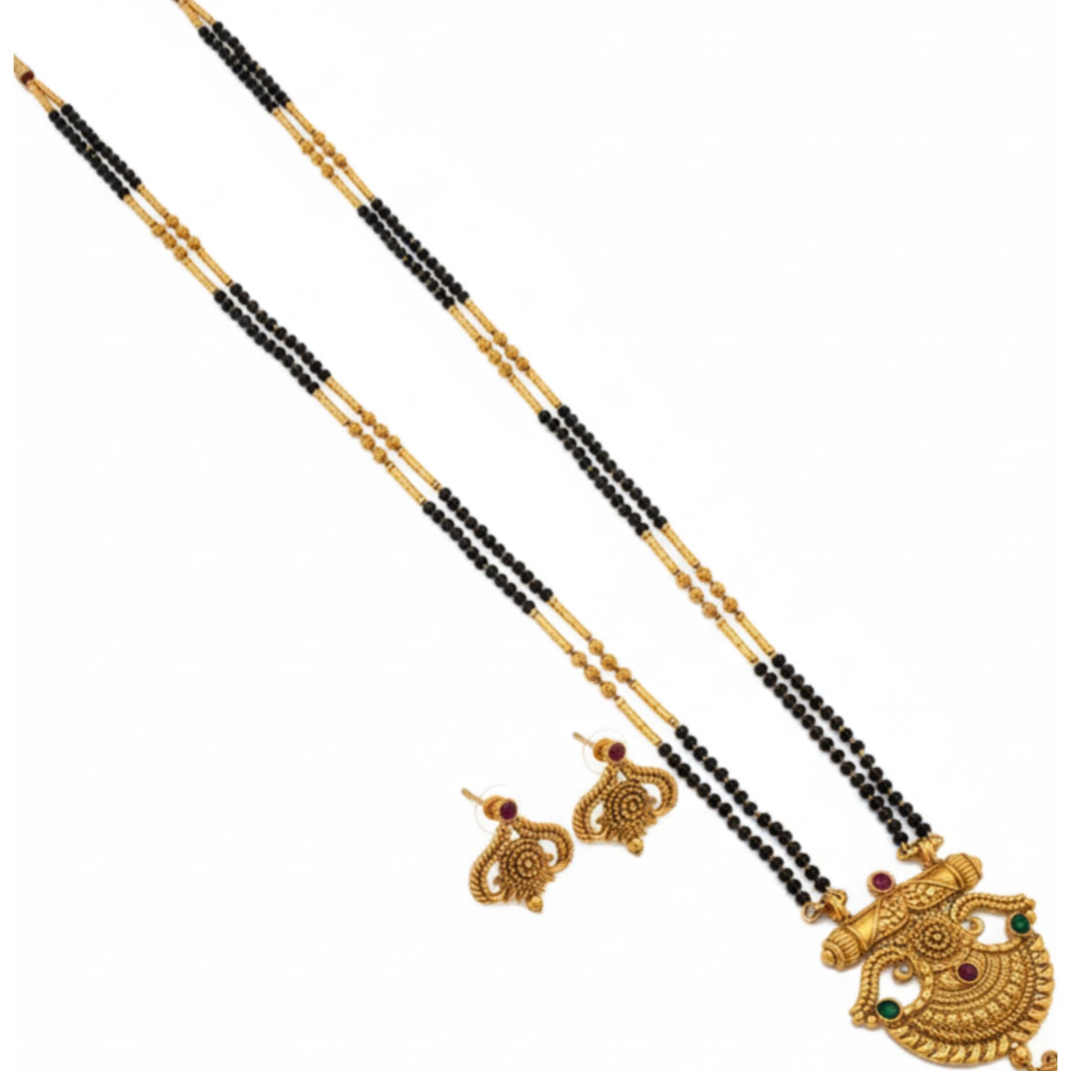 Traditional Maharashtrian Pendant Mangalsutra | Gold Plated Long Chain with Black Beads | Stylish Tanmaniya Nalapasalu Mangal sutra for Women