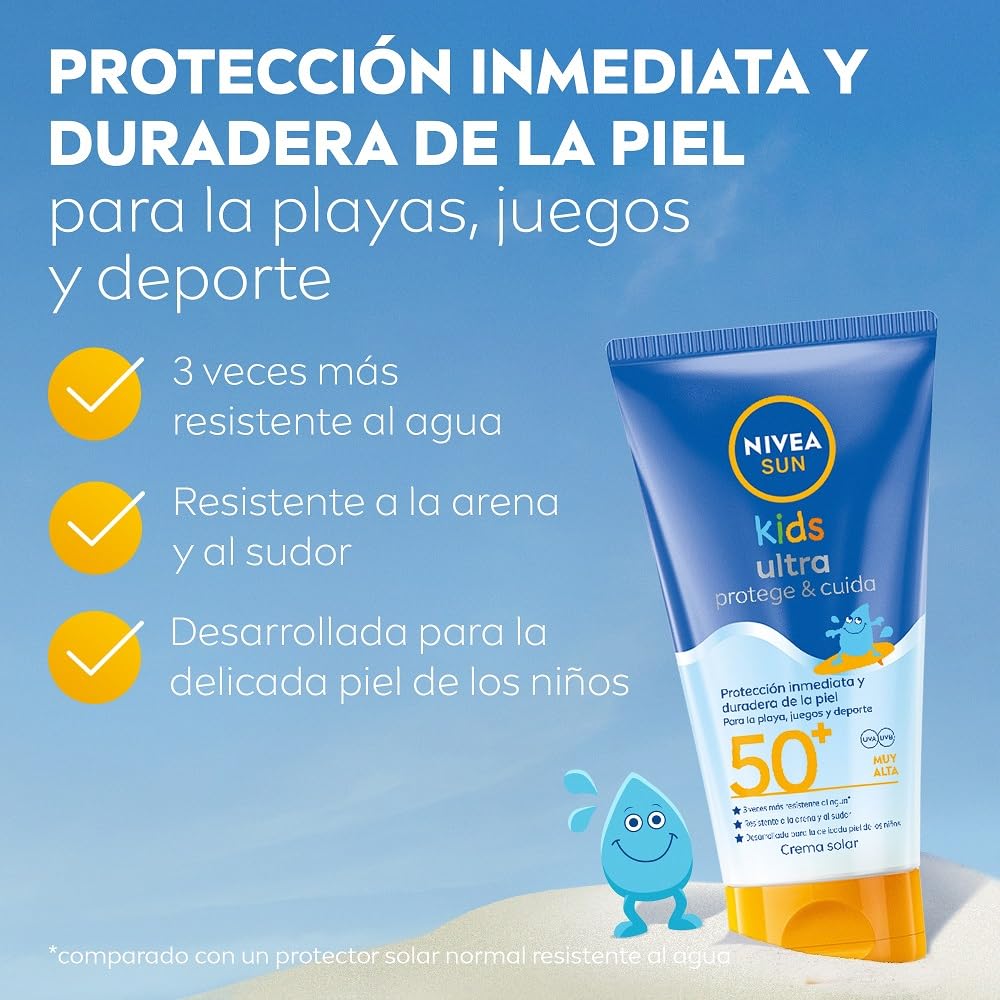 NIVEA SUN Kids Ultra Protege & Cuida FP50+ Crema solar para niños a partir de 3 años (150 ml), protector solar resistente al agua, crema hidratante con protección solar UVA & UBV