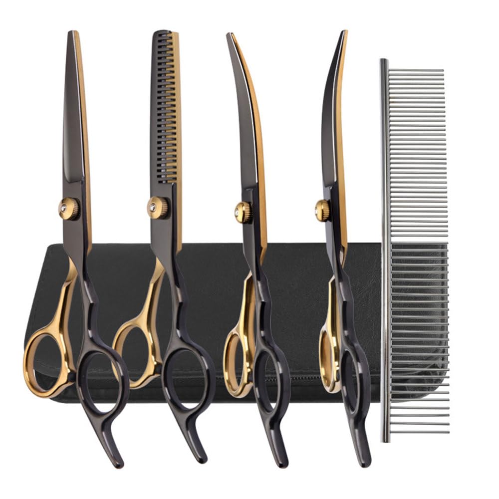 Hundepflege Schere Set, 7-in-1 Tierpflegeschere aus Edelstahl mit Runden Sicherheitsspitzen, Hundeschere Fellschere, Gebogene Katzen Trimmschere für Katzen und Hunde