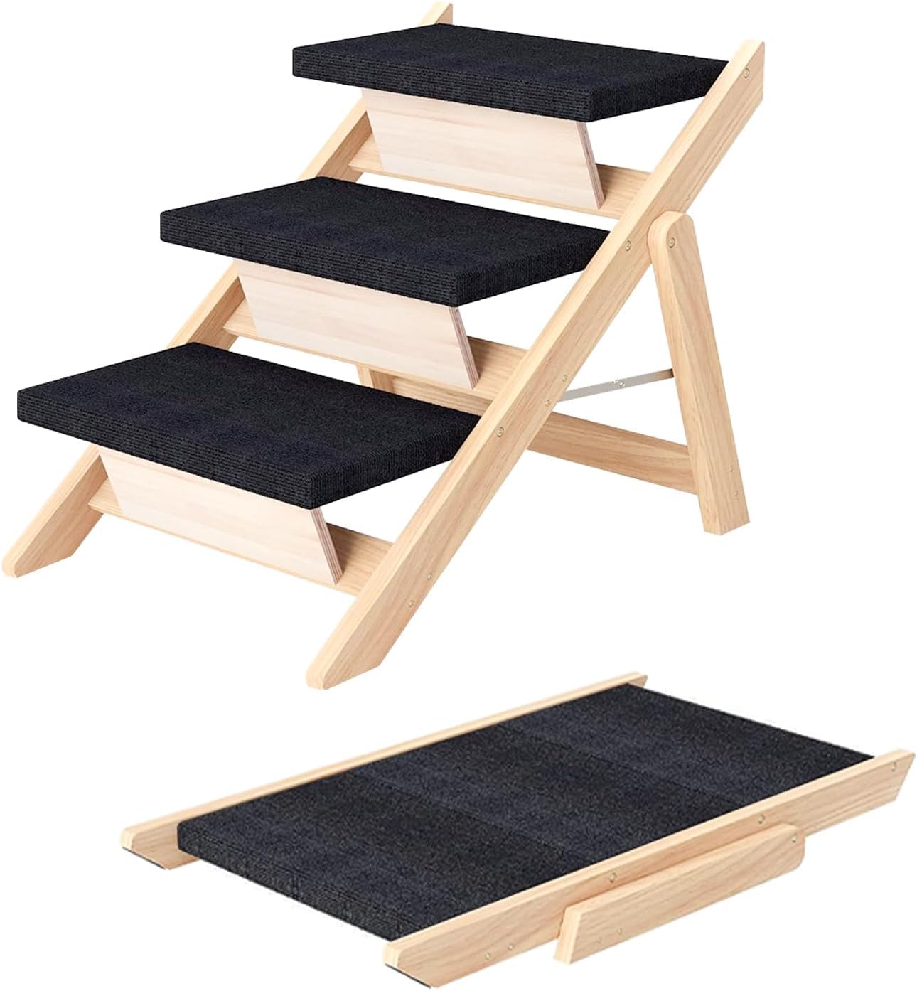 Scala e Rampa 2-in-1 per Animali Domestici in Legno, Pieghevole e Portatile per Cani di Piccola/Media Taglia e Gatti, Scala Antiscivolo per Letti Alti, Divani e Auto (60 * 50 * 40CM)