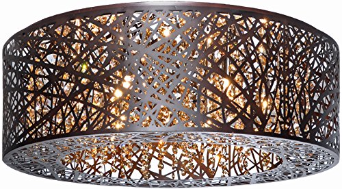Et2 E21301-10Bz Inca Modern Metal Web Laser-Cut Sheath With Crystal Drum Flush Mount Ceiling Lighting, 9-Light Xenon 360 Watts, 9"H X 24"W, Bronze #TOP6