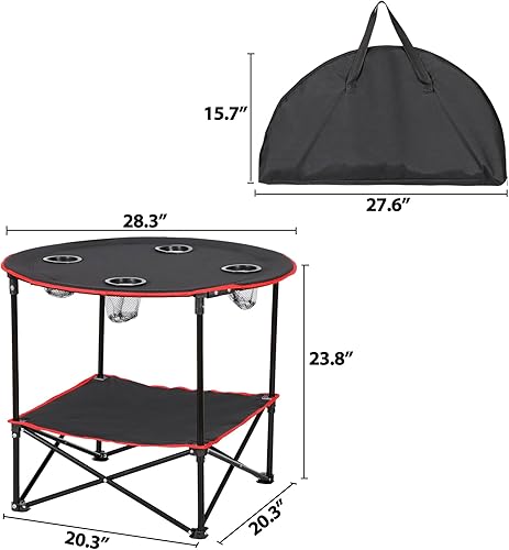 Miniatura 3 de HomGarden Mesa de picnic plegable portátil de 28 pulgadas, mesa de campamento al aire libre, redonda de 2 niveles con 4 soportes para tazas, mesas