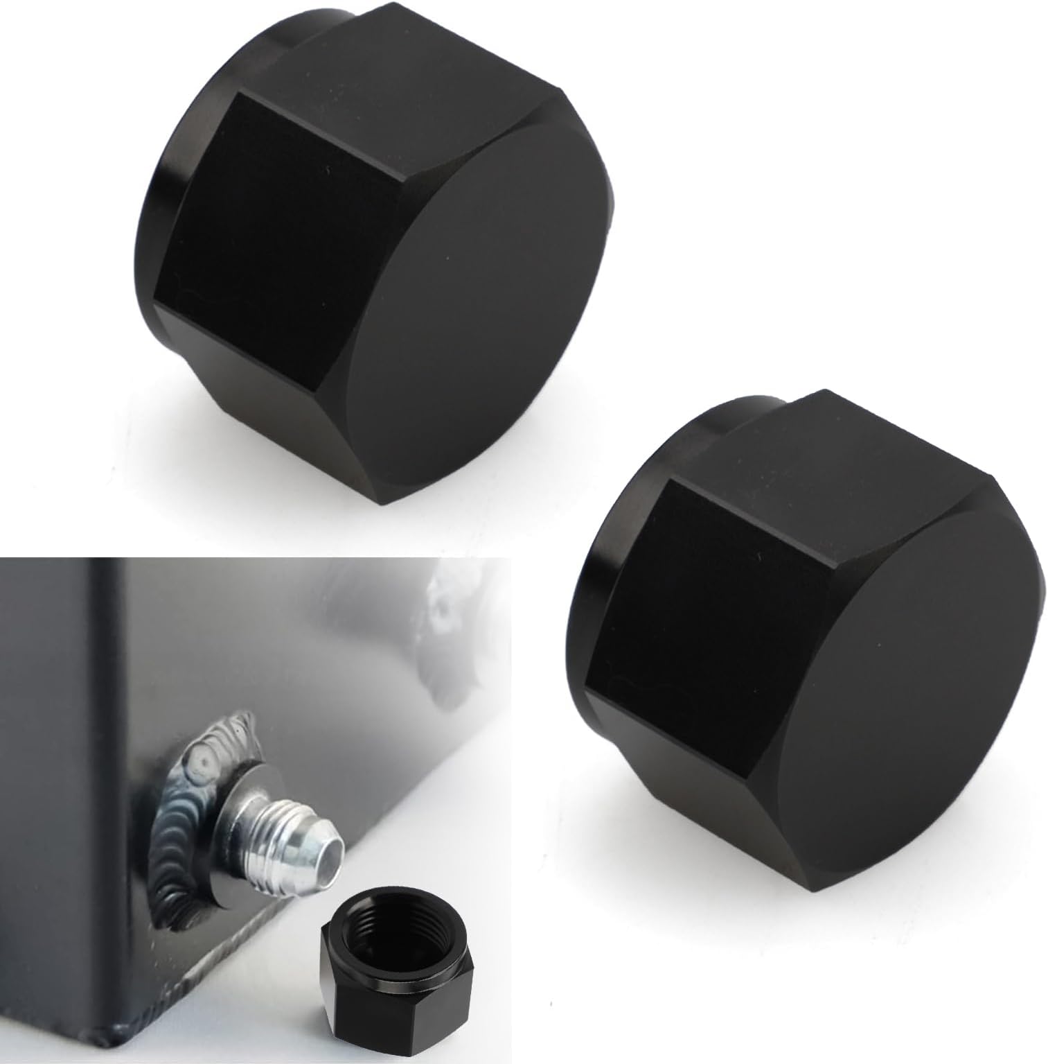 2 PCS Automobile AN8 Fuel Tank Joint Plug Cap, Internal Thread Bell Mouth Metal Shut-Off Plug, Hexagonal Head Swivel Nut Port Adapter, Universal for Car Fuel Line Retrofit Accessories (Black)