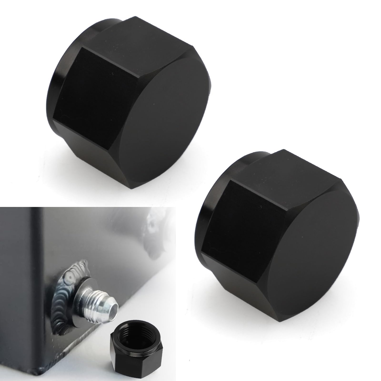 2 PCS Automobile AN8 Fuel Tank Joint Plug Cap, Internal Thread Bell Mouth Metal Shut-Off Plug, Hexagonal Head Swivel Nut Port Adapter, Universal for Car Fuel Line Retrofit Accessories (Black)
