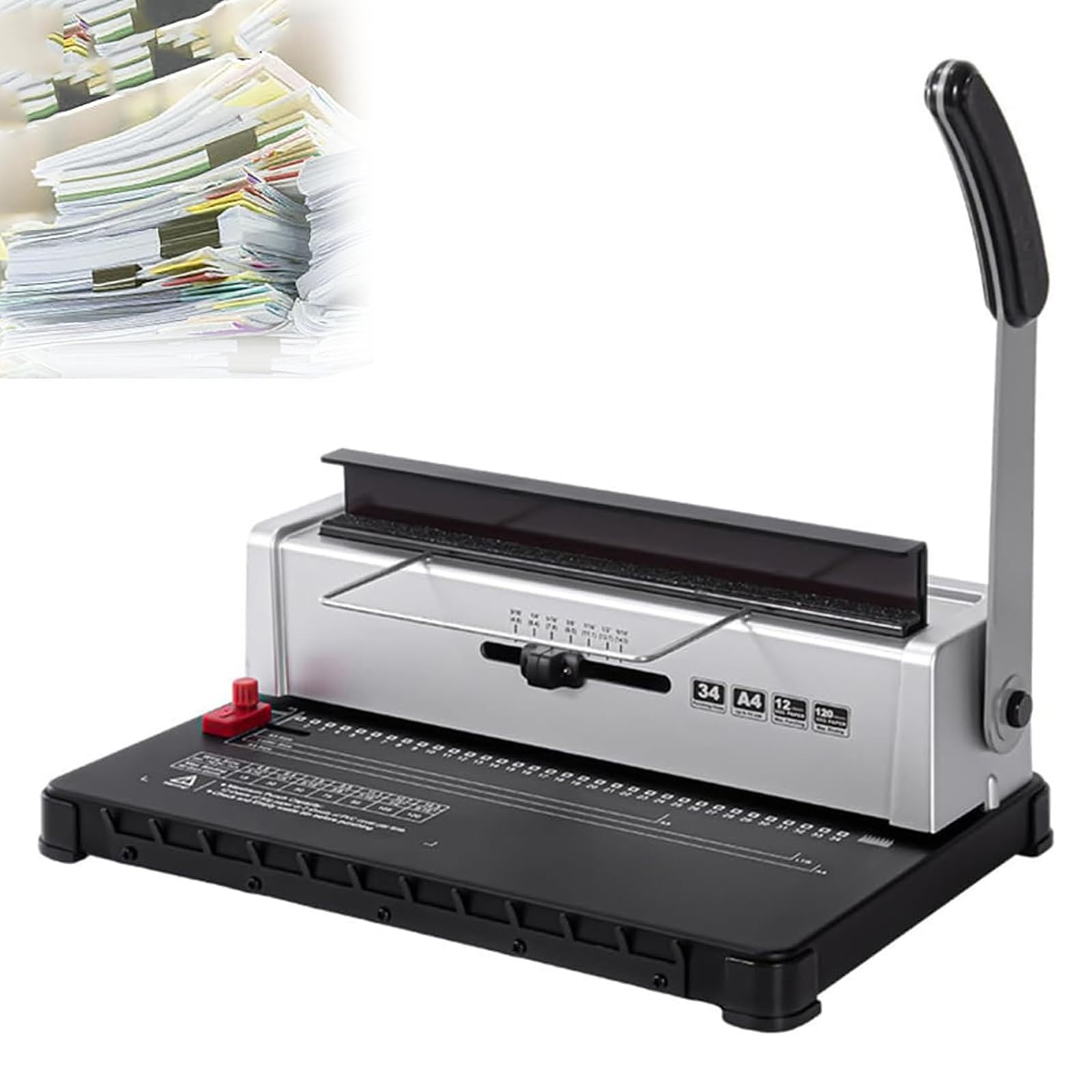 Rilegatrice manuale a pettine, rilegatura a 34 fori, rilegatura fino a 120 fogli, capacità perforatrice da 12 fogli, margine regolabile, facile da usare per progetti di ufficio e scuola