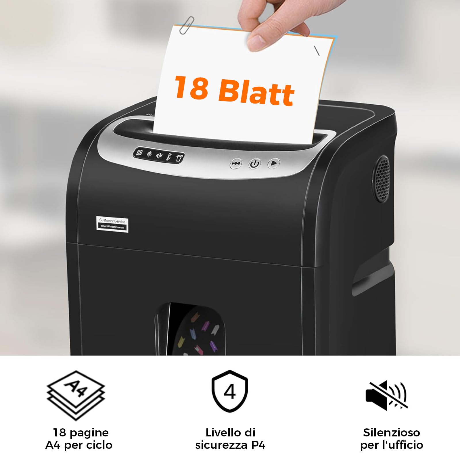 Distruggi documenti da 18 Fogli, VidaTeco Micro-Cut Tritacarte per CD e Carte di Credito, 60 Minuti di Uso Continuato, Cestino da 30 Litri, Trituratore ad Alta Sicurezza(P-4) per Casa e Ufficio, Nero