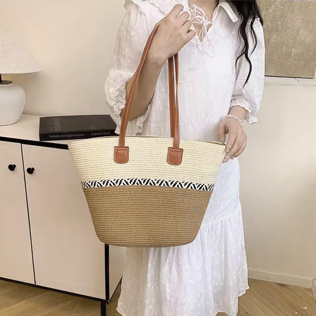 Pahajim Conjunto de Bolso Sombrero de Paja Bolso Rafia Mujer Verano Bolso de Hombro con Cremallera para Playa Verano Vacaciones