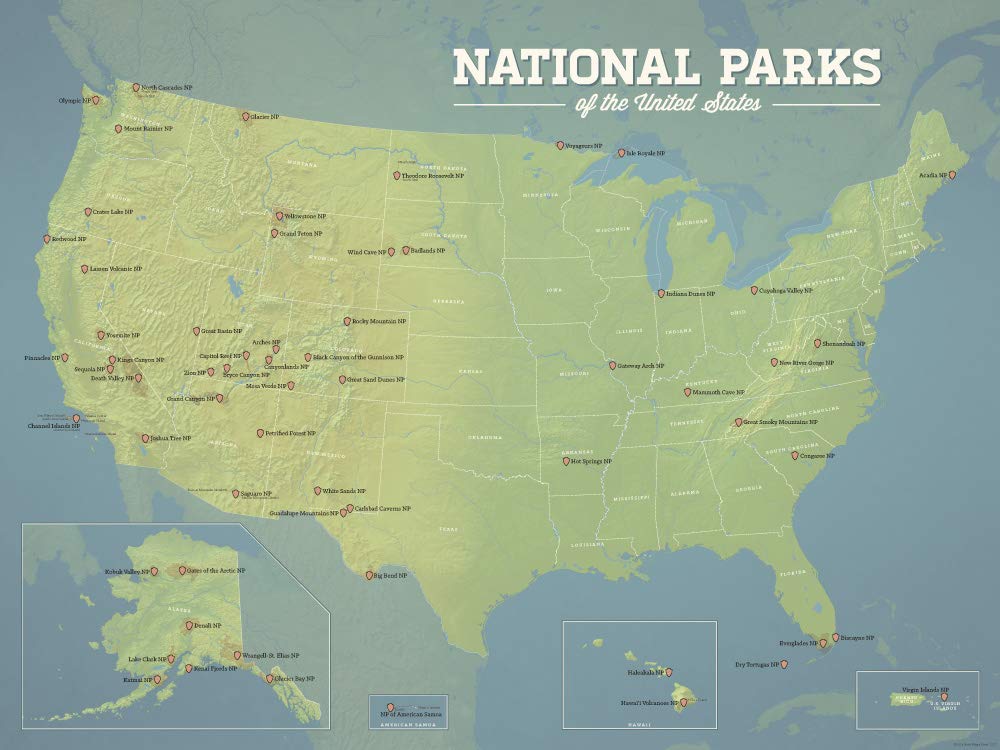 US National Parks Checklist Map 18x24 Poster (Natural Earth)