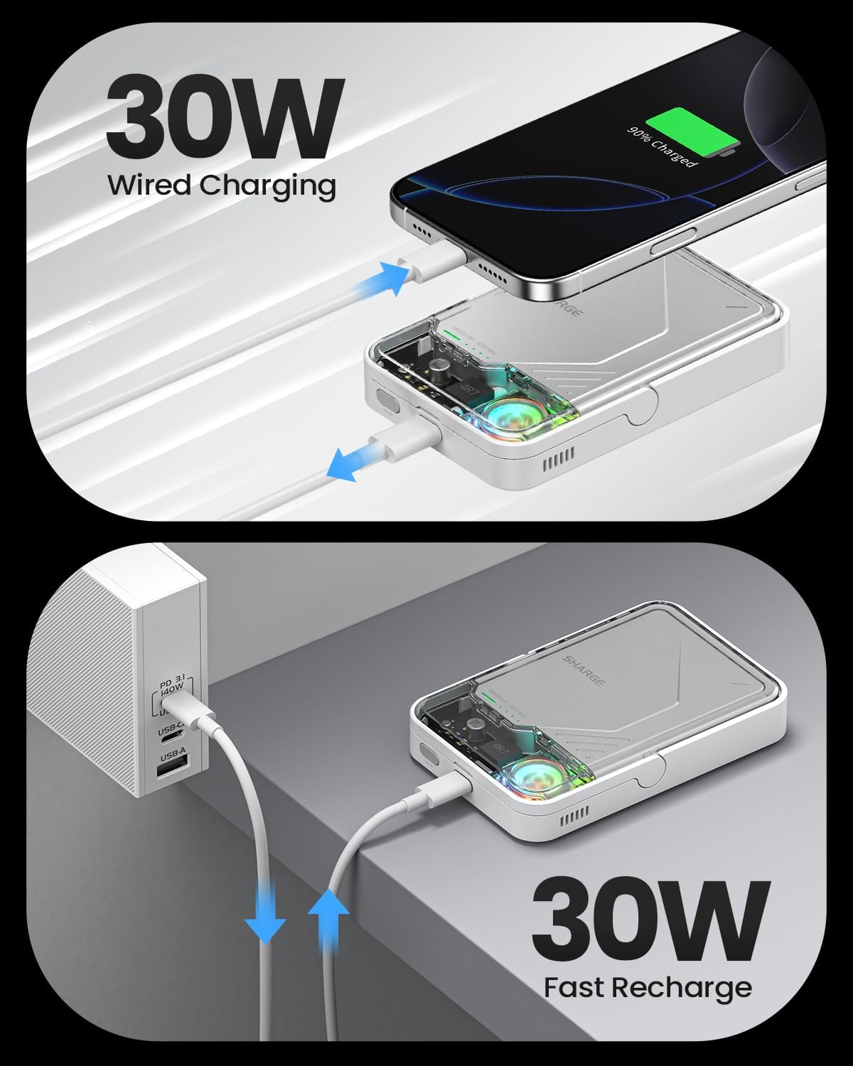 Diagram showing the ICEMAG 2 charging a phone via USB-C and being recharged itself.