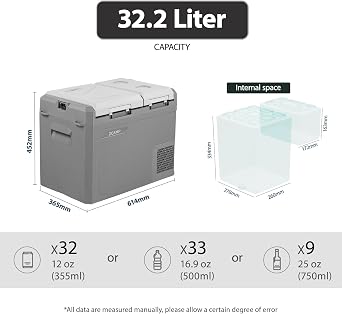 GES45, 32.2L Compressor Car Refrigerator, Portable Camping Fridge DC 12v/24v Freezer,Grey cool box