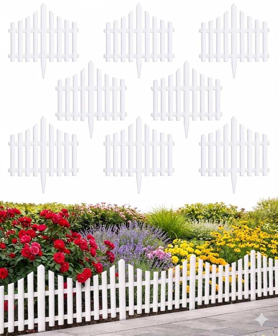 Outdoor Garden Fence Border (8 Panels, 10 ft Total Length, White), Interlocking PVC Picket Edging with Stakes, Weather-Resistant Lawn Border for Plants, Flower Beds & Pathways-picture-14