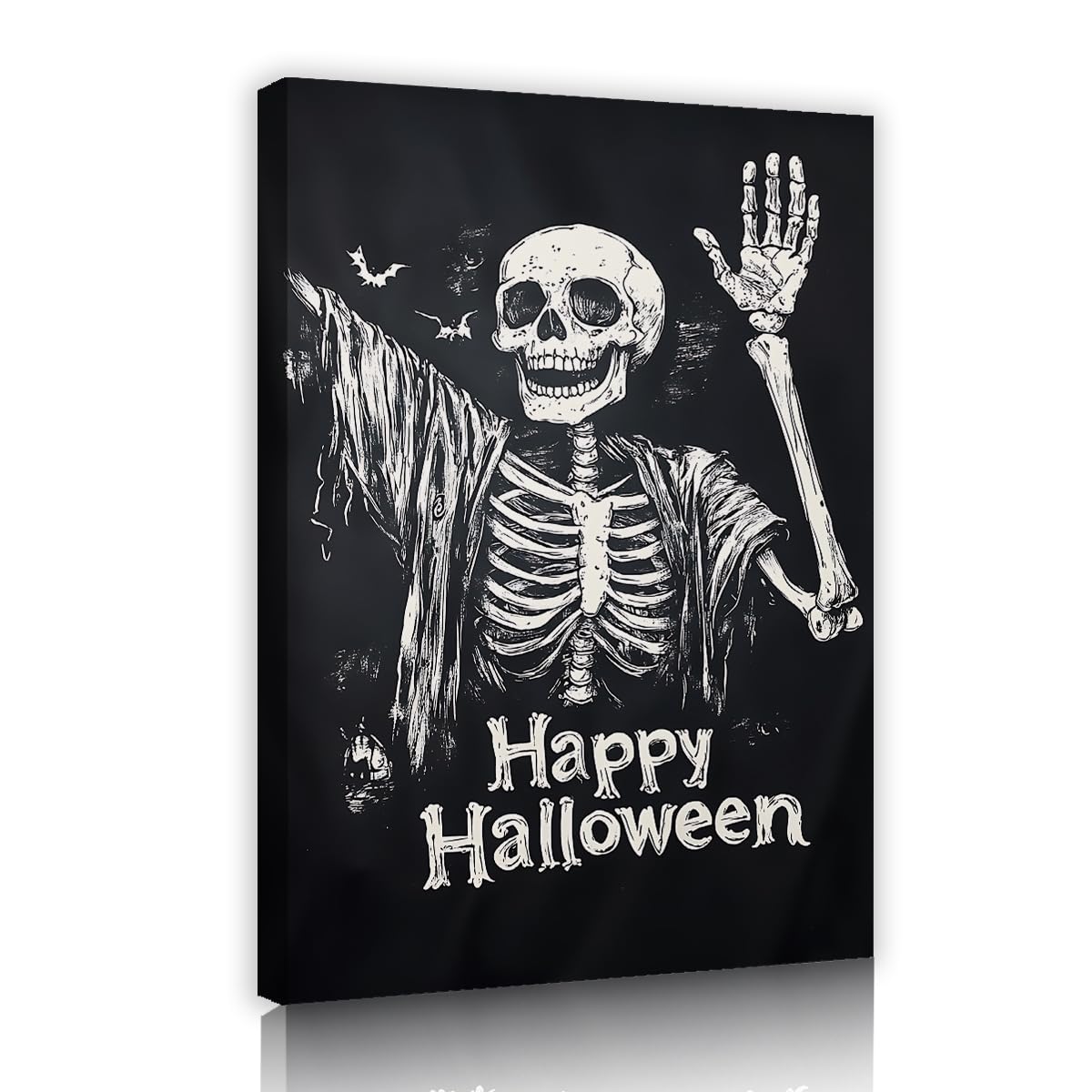 SHENGPOSTER Happy Halloween Canvas Wall Art Chalkboard Skeleton Bat Black White Artwork Wall Art Prints for Living Room Apartment Ready to Hang Innerframe 85x120cm