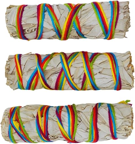 Miniatura 10 de Yerbero Paquete premium de 7 chakras de salvia blanca y Palo Santo (4 pulgadas)  Atado a mano, mejora la potencia de limpieza y meditación del hogar