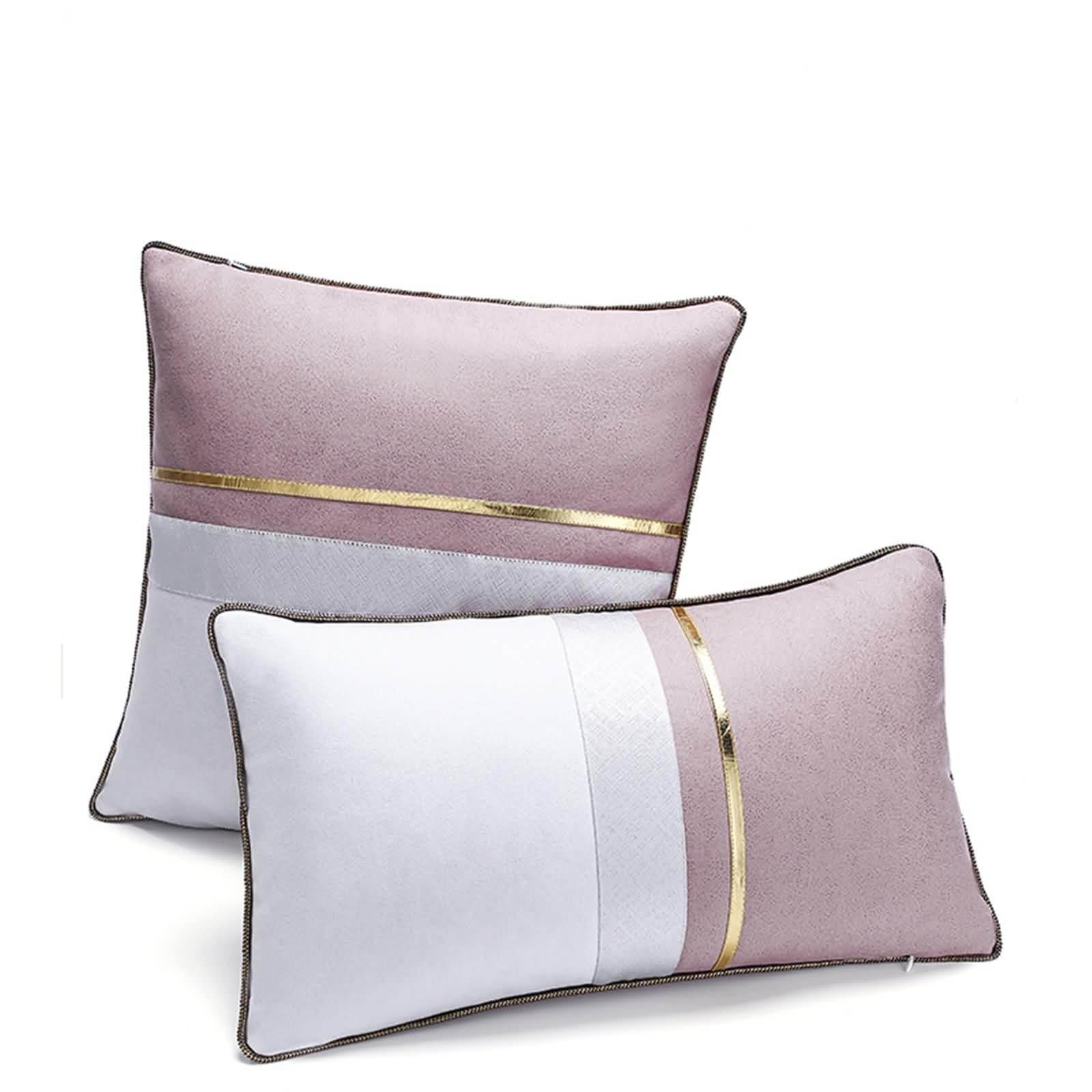 2 federe decorative da 45 x 45 cm, colore rosa bicolore con linee dorate in poliestere, per soggiorno, divano, camera da letto