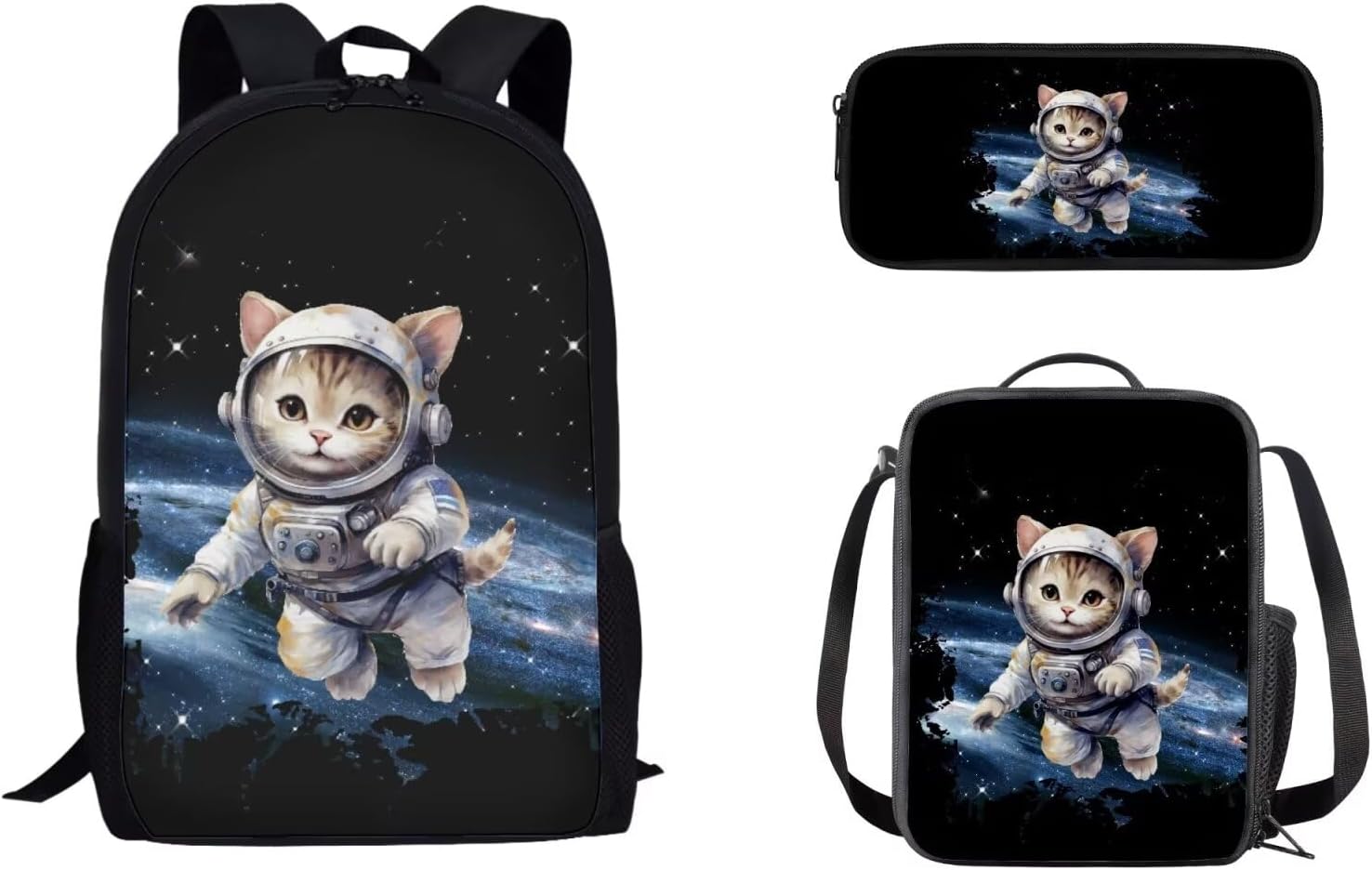 Galaxy Cat Print Backpack Set with Lunch Bag Pencil Case, Large Capacity School Bag Backpack Set Lunch Box Pencil Box 3 in 1 for Boys Girls, Black