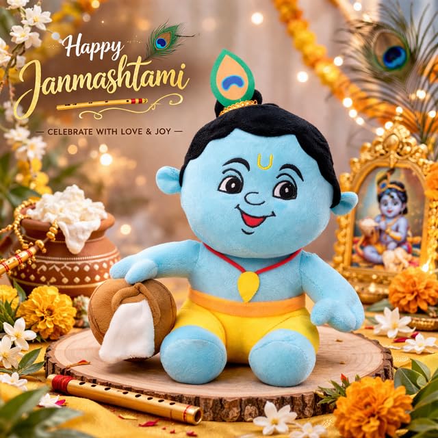 Image of AVSHUB Hindu Idol Soft Plush Toy | Devotional Hindu God Krishna with Makhan Pot for Kids | Religious Stuffed Toys for Boys & Girls | Toy for Car Dashboard, Temple & Gifting (25cm)