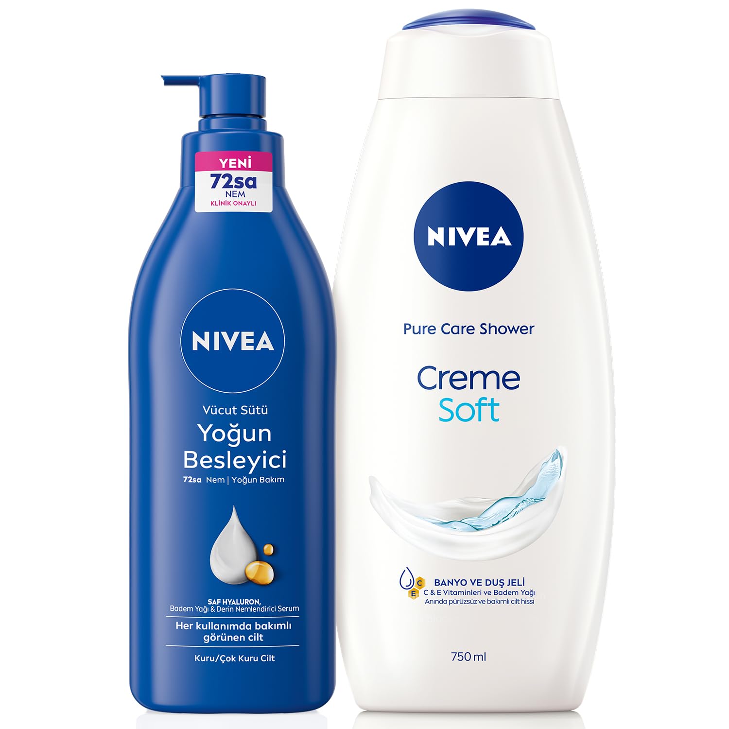 NIVEA Besleyici Vücut Sütü 400 ml, Kuru ve Çok Kuru Ciltler, 72 Saat Yoğun Nemlendirici Vücut Losyonu, 2 Kat Fazla Badem Yağı + NIVEA Creme Soft Kremsi Dokunuş Banyo Ve Duş Jeli 750 ml