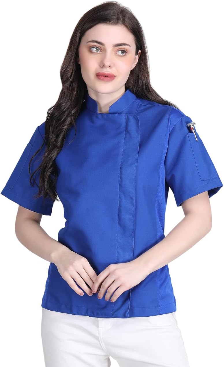 Short Sleeves Zipper Closure Chef Coat Jacket Uniform for women with Side Mesh ideal for Caterers and Culinary professional