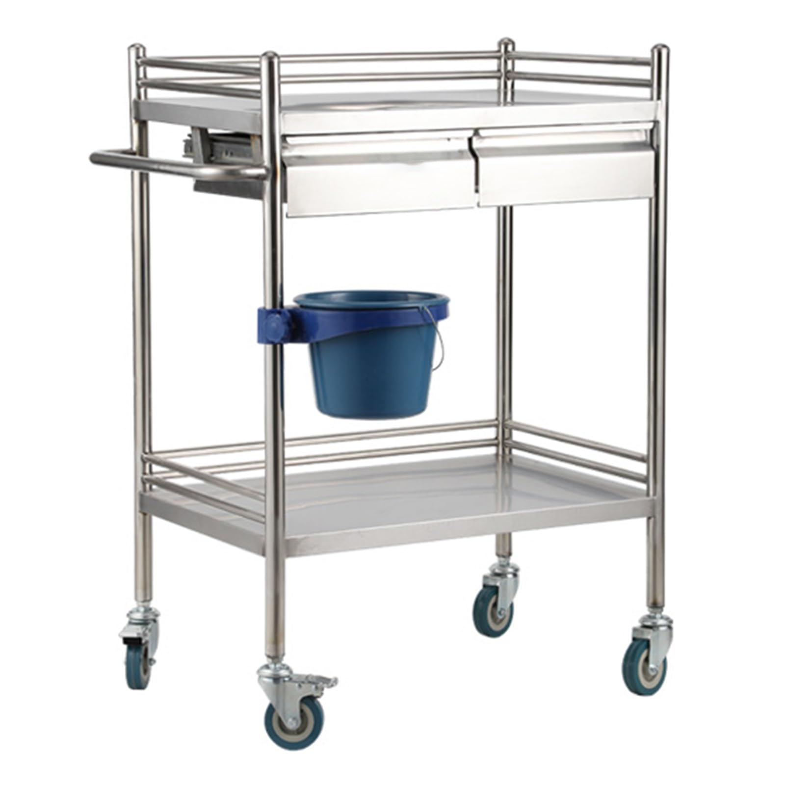 Carrello da laboratorio con ruote, in acciaio inox, a 2 ripiani, con ruote silenziose a 360° e cassetto per laboratorio, clinica, cucina, salone