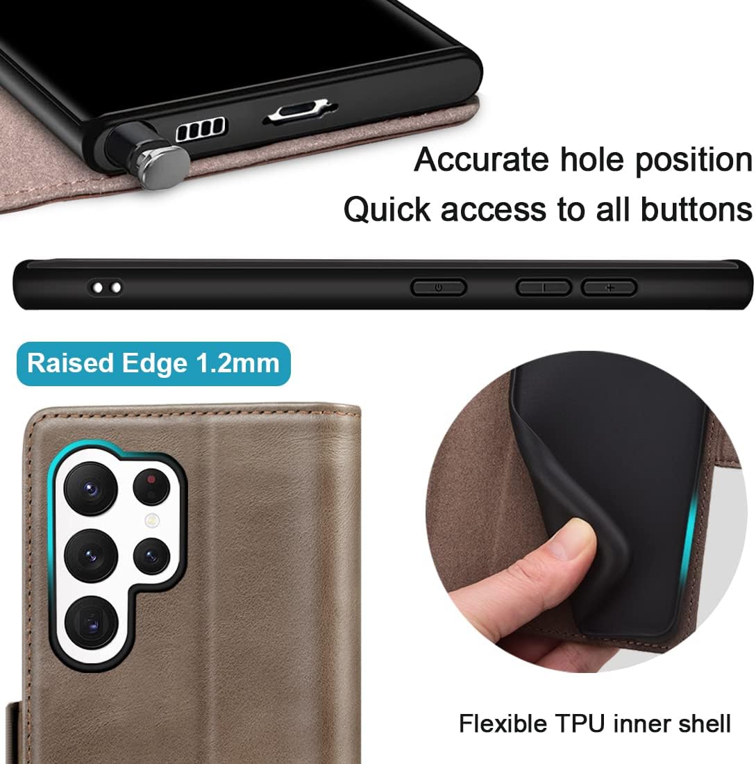 KEZiHOME for Samsung Galaxy S23 Ultra Case, Genuine Leather [RFID Blocking] Galaxy S23 Ultra Wallet Case, Card Slot Flip Magnetic Stand Cover Compatible with Samsung S23 Ultra (Gray/Brown)