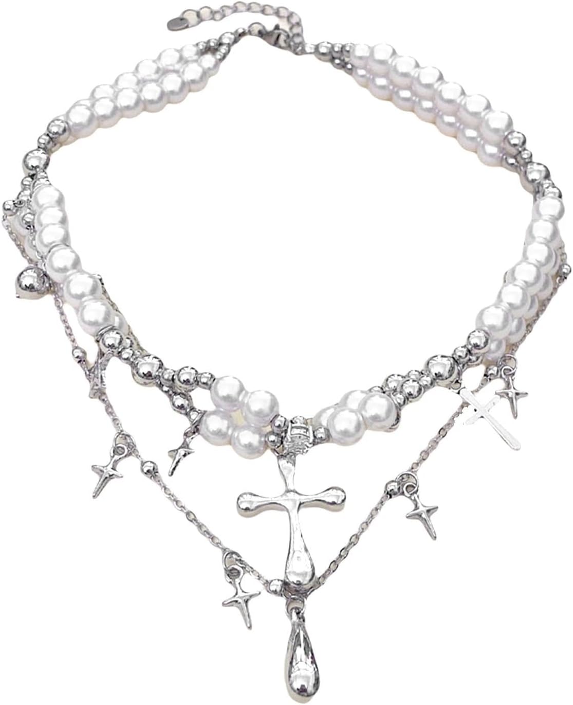 Layered Pearl Cross Collarbone Necklace for Women,Vintage Waterdrop Tassel Pendant Statement Necklace,Personalized Halloween Jewelry Accessories Gift - Image 7