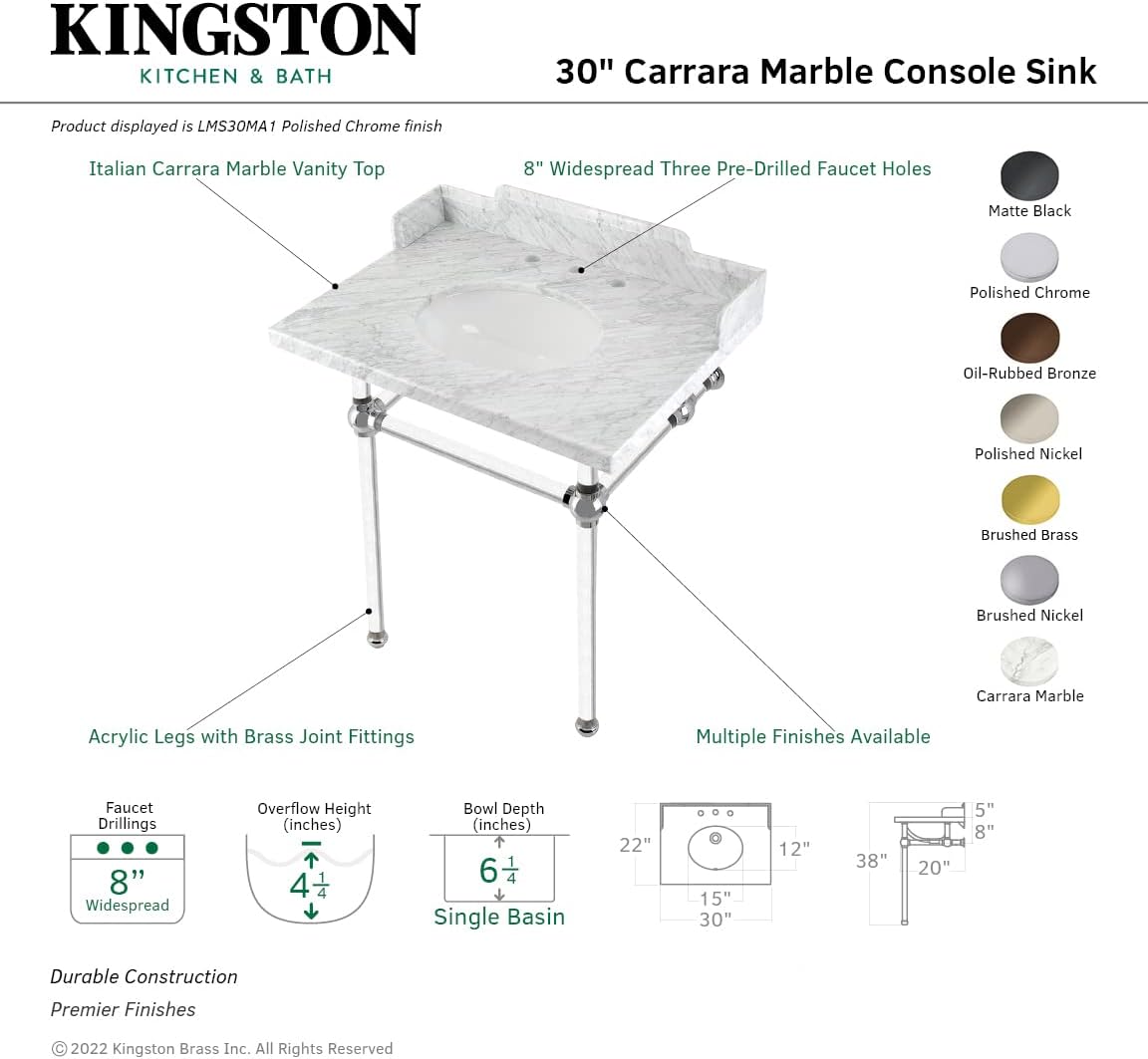 Kingston Brass LMS30MA1 Pemberton 30" Carrara Marble Console Sink with Acrylic Legs, Marble White/Polished Chrome